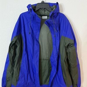 Columbia Blue & Olive Lightweight Hooded Rain Jacket Size L